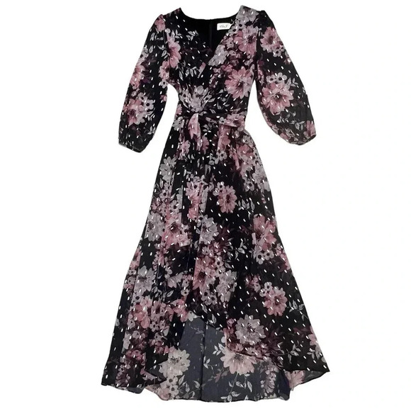 Eliza J Floral Metallic Fleck High Low Dress Puff Sleeve V-Neck Midi Tropical 10 - Picture 5 of 11